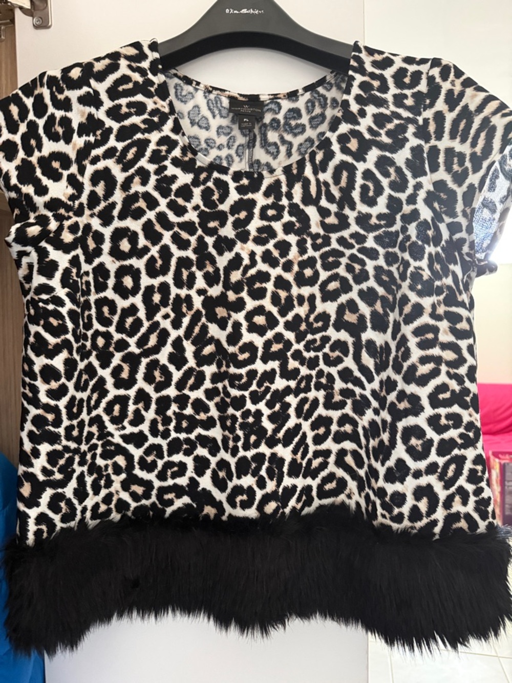 Worthington Petite Black and Cream Leopard Print Short Sleeve Top